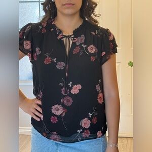 CeCe Black Blouse with Pink Floral Design